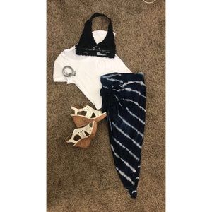 Blue and white knot high slit skirt